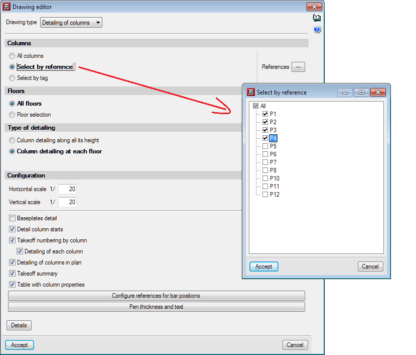 CYPECAD. Selection of columns in "Column details" and "Column schedule" drawings