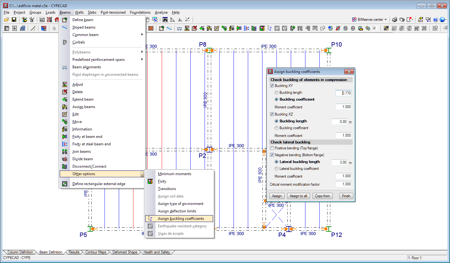 CYPECAD. Assign buckling and lateral buckling coefficients to steel and timber beams