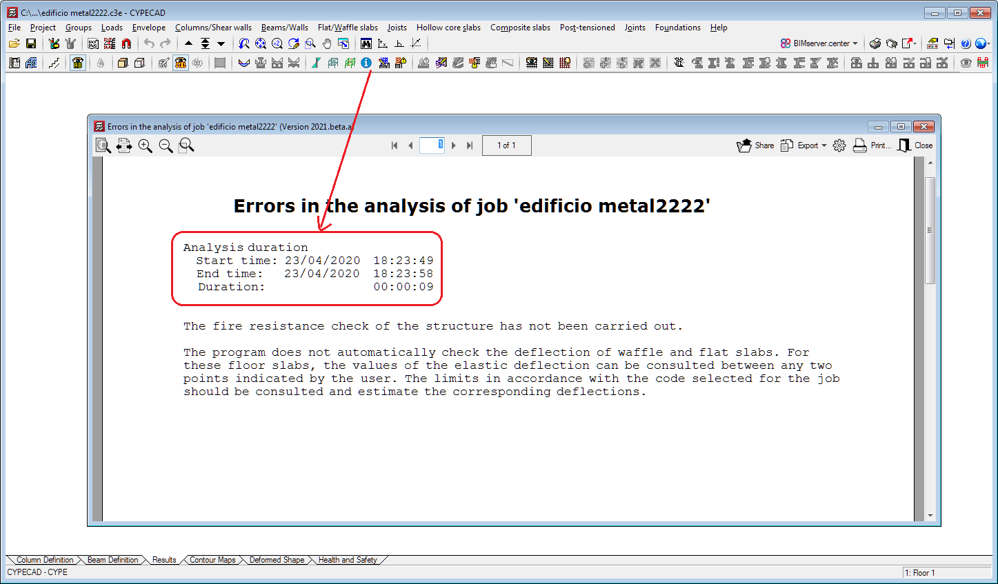 CYPECAD. Analysis duration in the final report