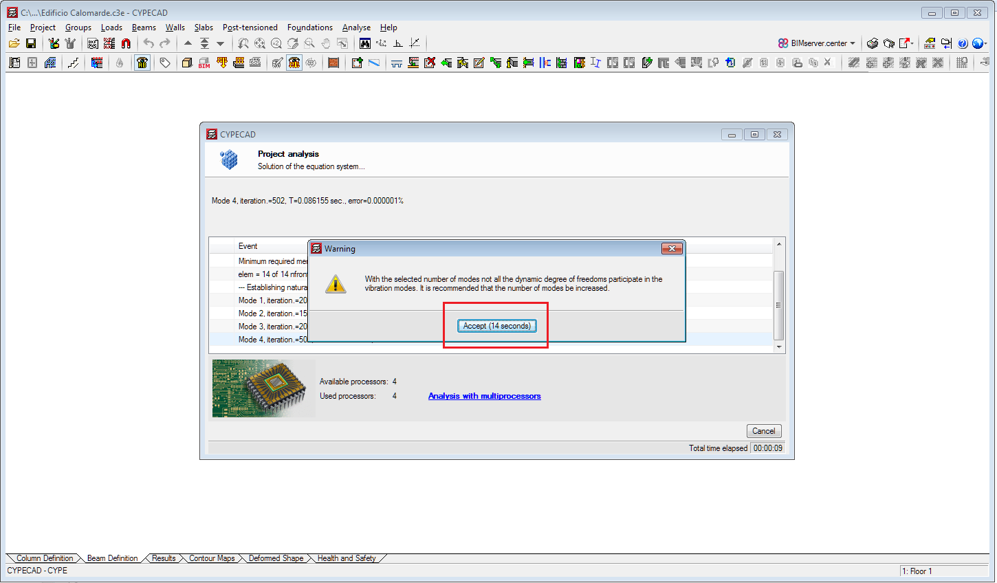 CYPECAD. The analysis is not interrupted