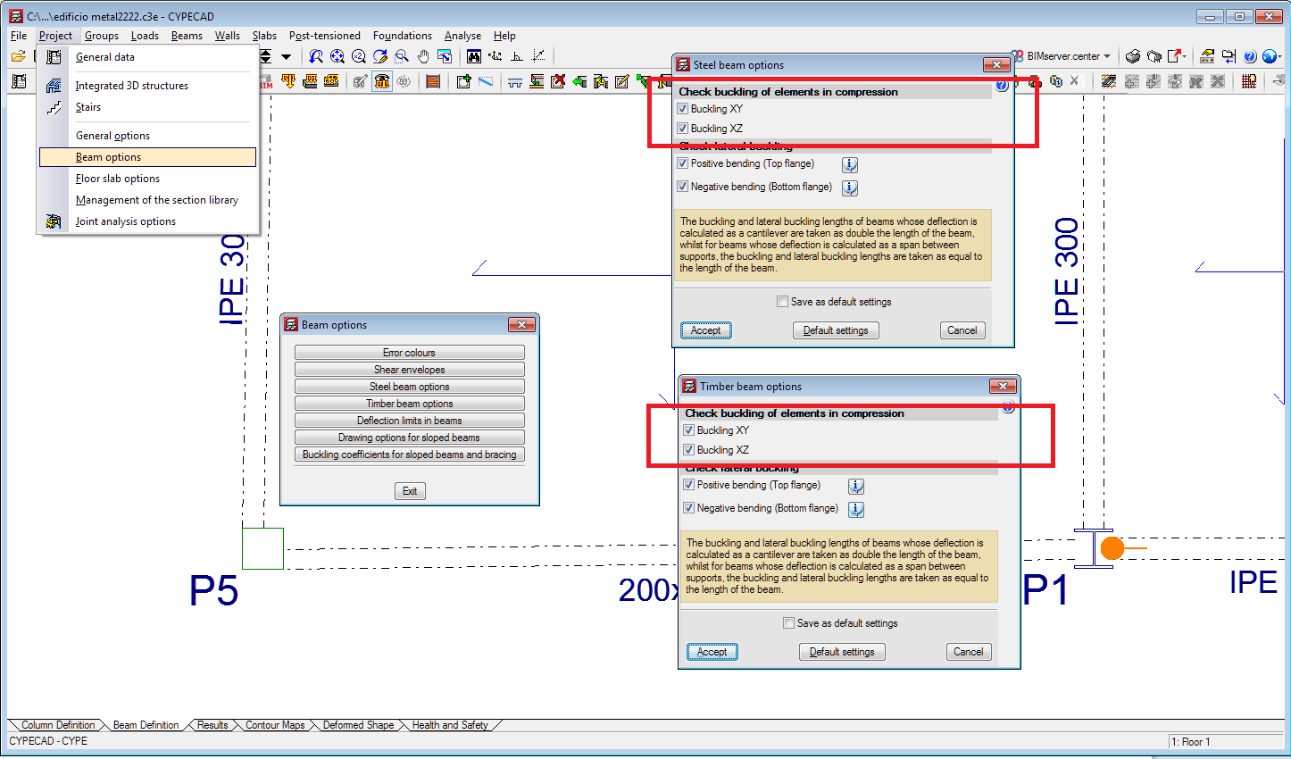 CYPECAD. Activate or deactivate the buckling check for steel or timber beams that are subjected to compression