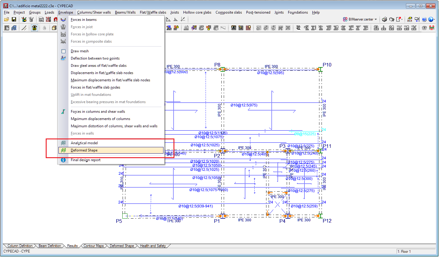 CYPECAD. Consult displacements in the 3D view of the deformed shape