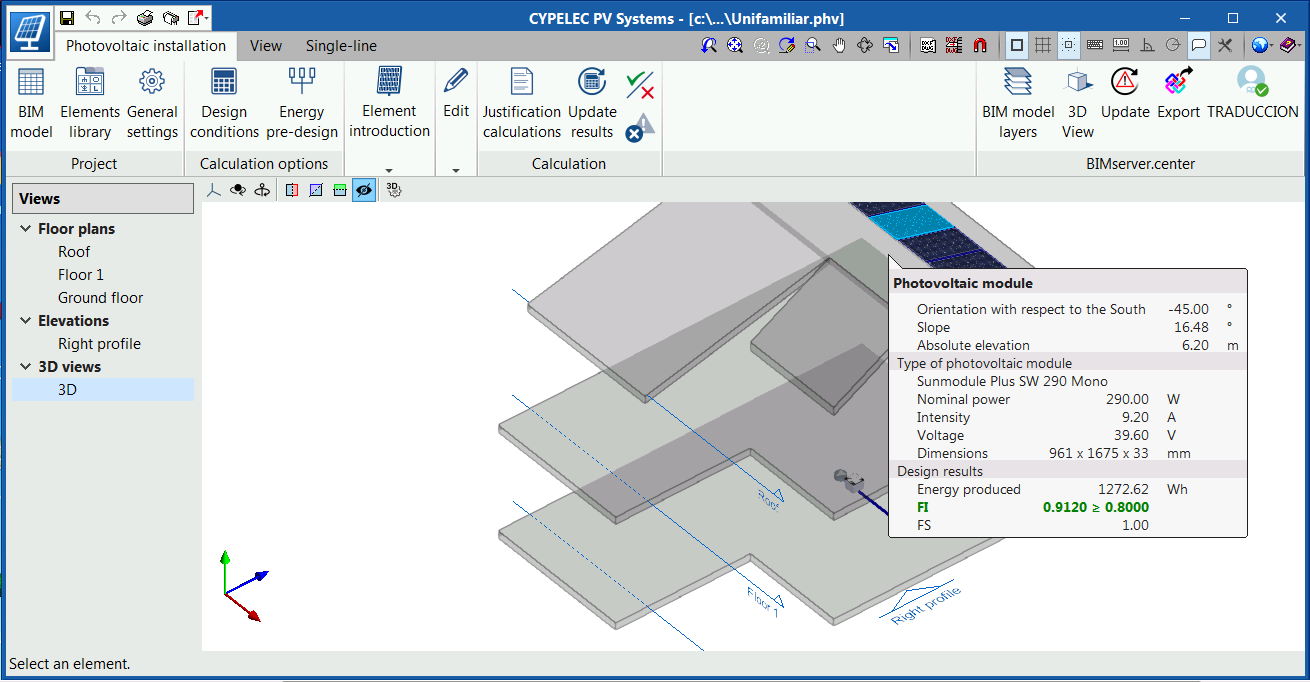 CYPELEC PV Systems. Extended information in the tooltips of the photovoltaic module and inverter