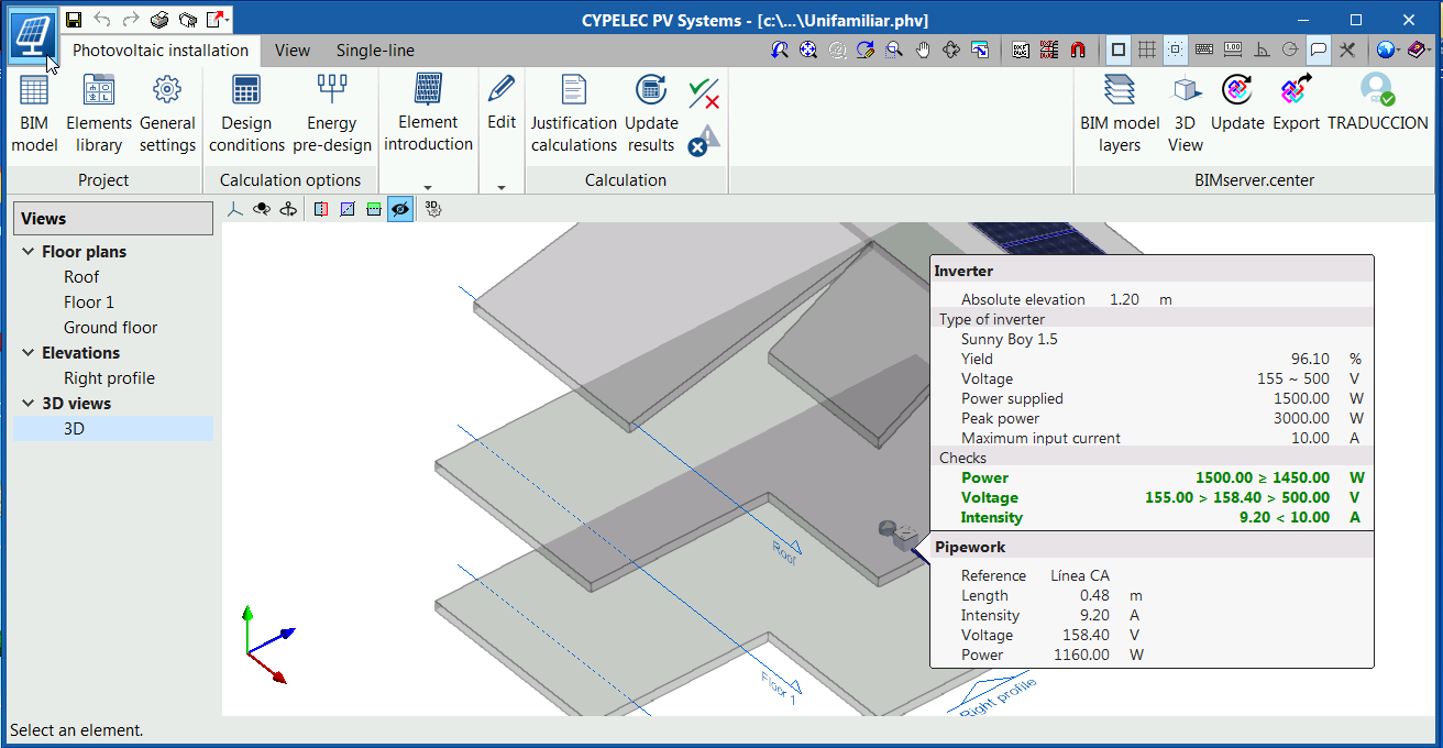 CYPELEC PV Systems. Extended information in the tooltips of the photovoltaic module and inverter