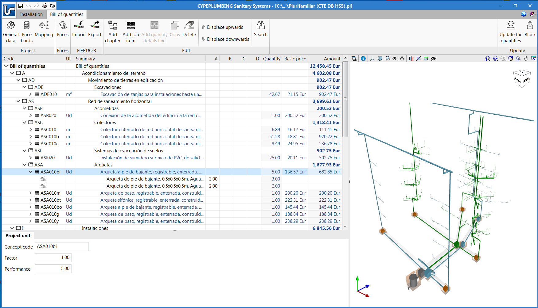 "Bill of quantities" tab in the project phase of Open BIM applications