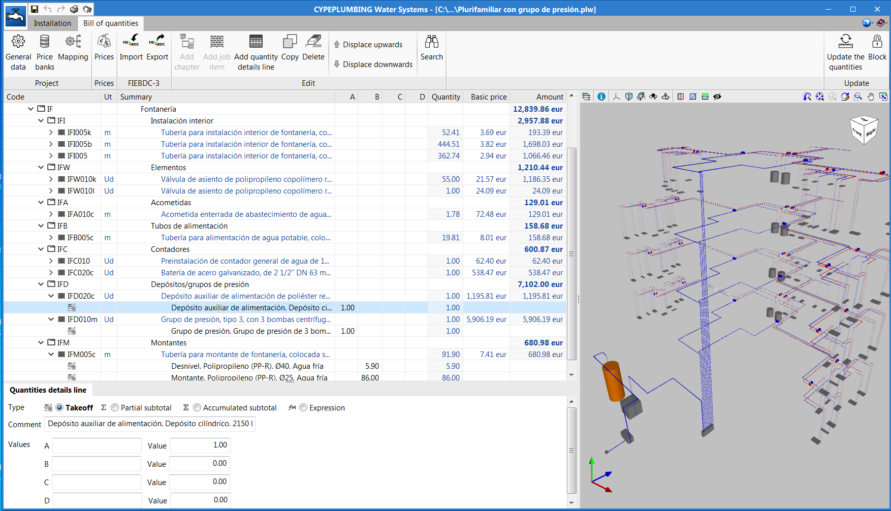 "Bill of quantities" tab in the project phase of Open BIM applications