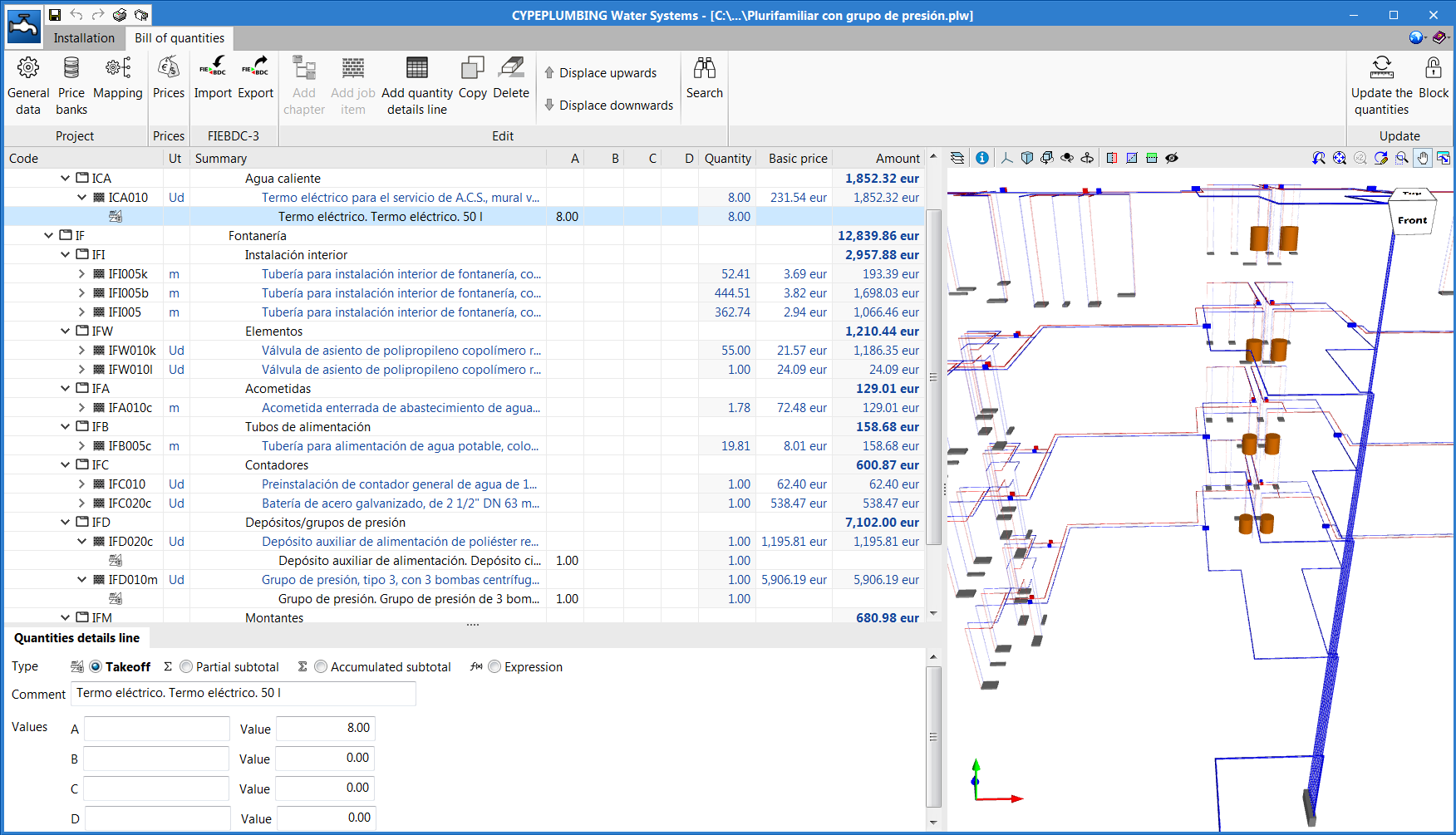 "Bill of quantities" tab in the project phase of Open BIM applications