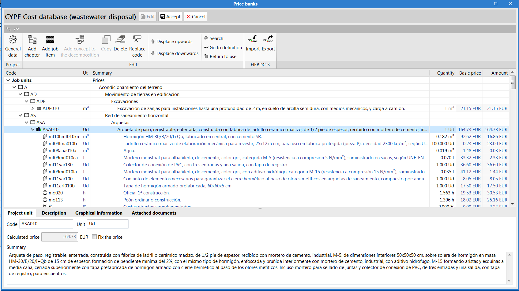 "Bill of quantities" tab in the project phase of Open BIM applications