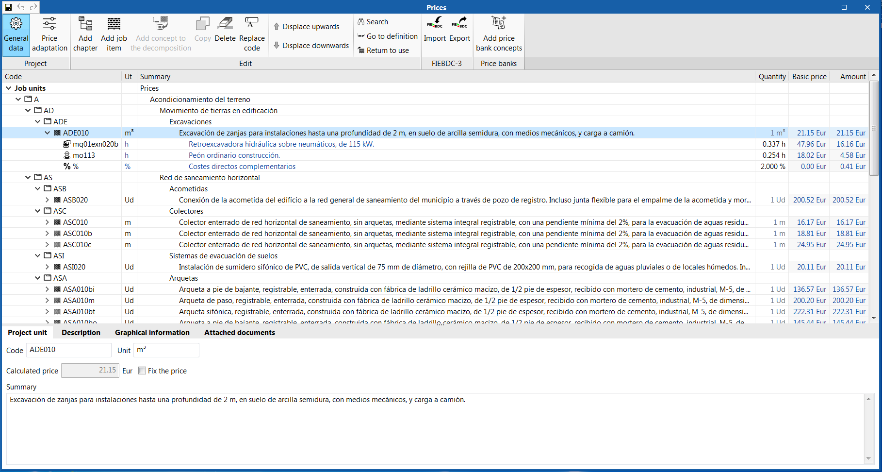 "Bill of quantities" tab in the project phase of Open BIM applications