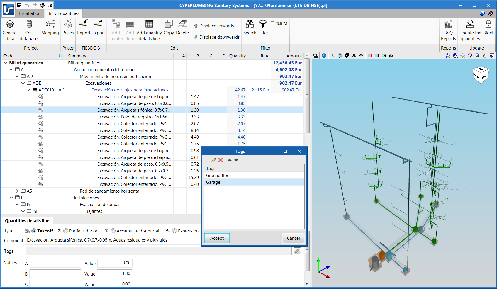 "Bill of quantities" tab. Tags for detail lines