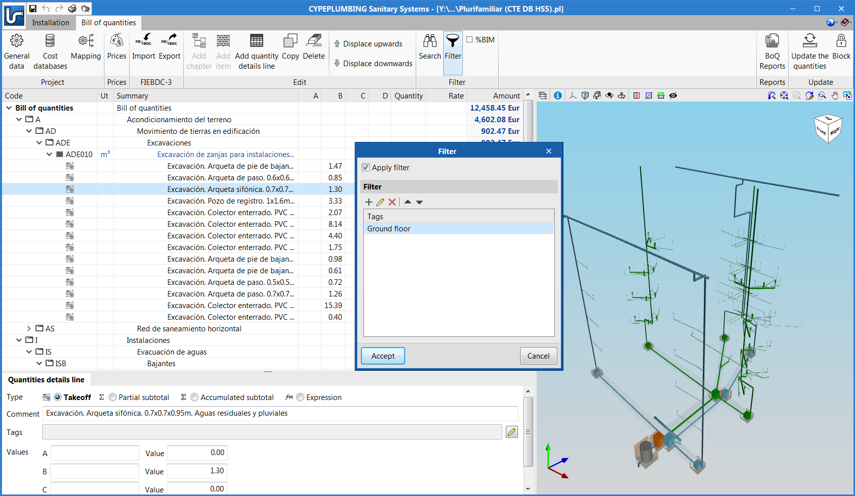 "Bill of quantities" tab. Tags for detail lines