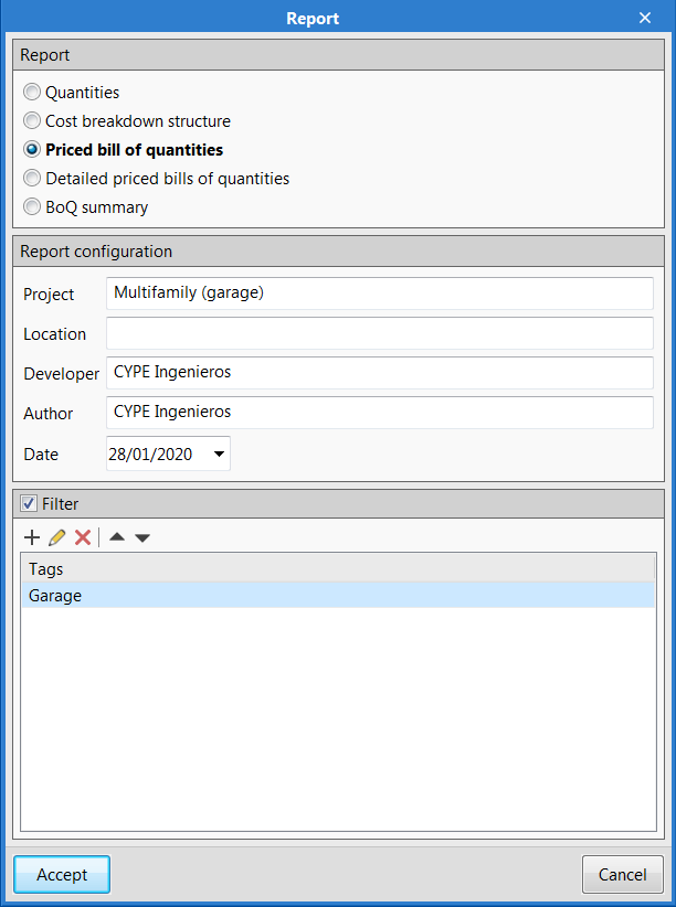 "Bill of quantities" tab. Tags for detail lines