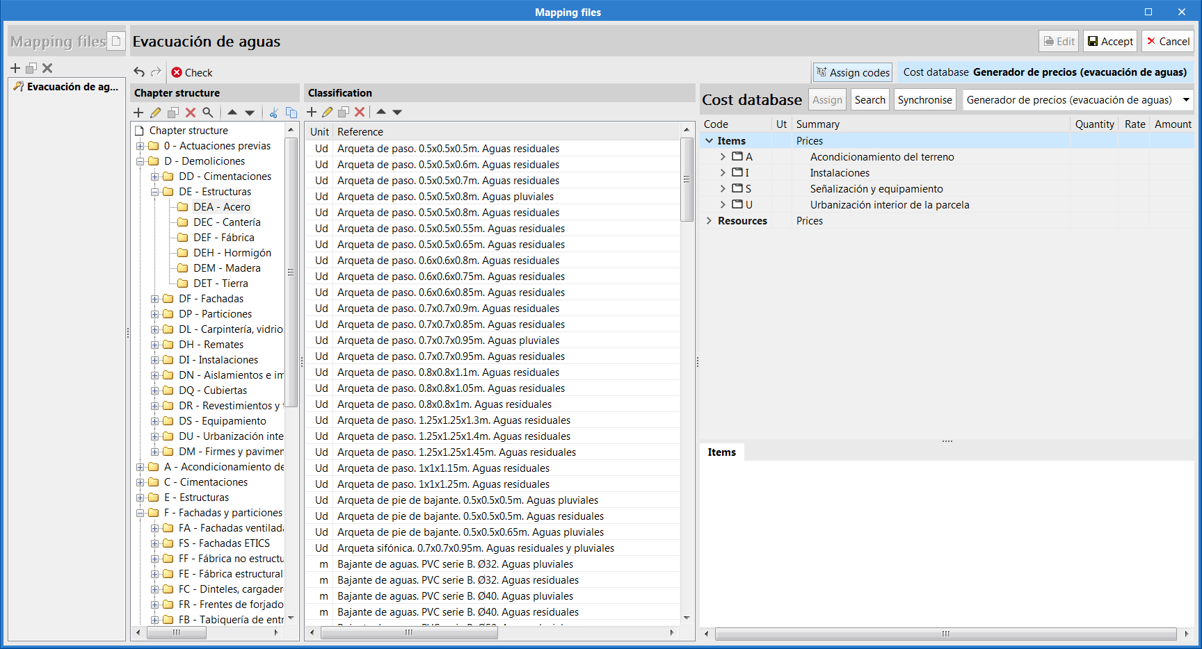 "Bill of quantities" tab. Mapping – cost database correspondence