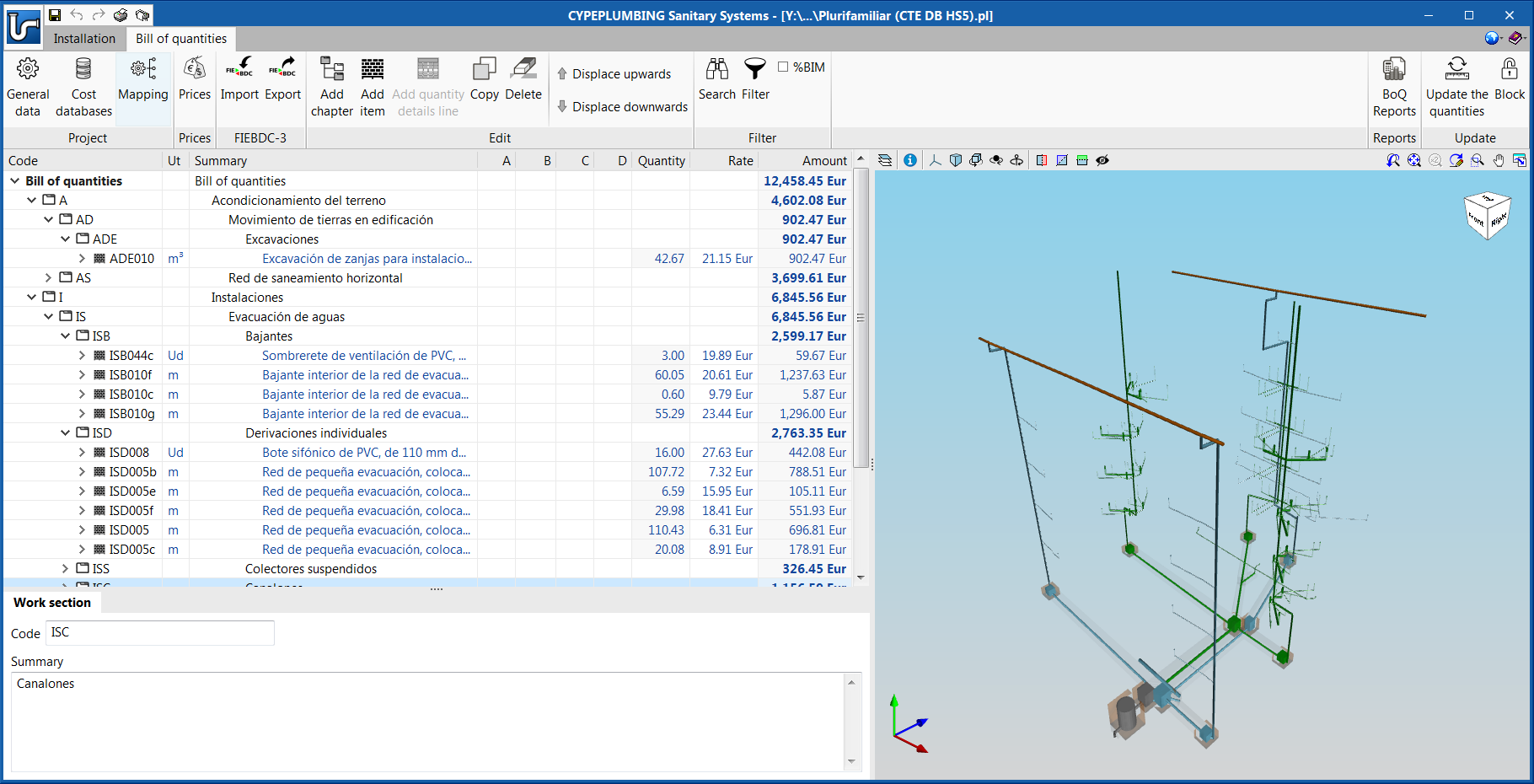 "Bill of quantities" tab. Percentage of the bill of quantities obtained from the BIM model