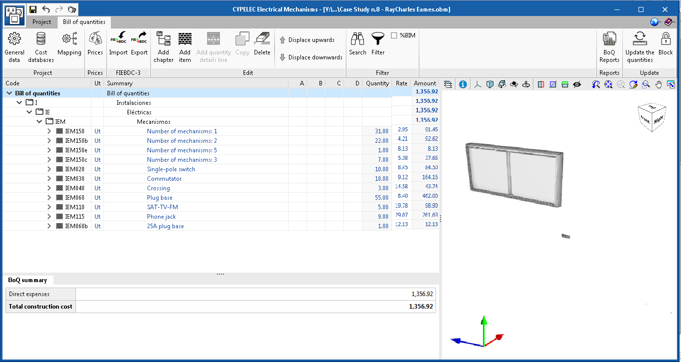 CYPELEC Electrical Mechanisms. "Bill of quantities" tab