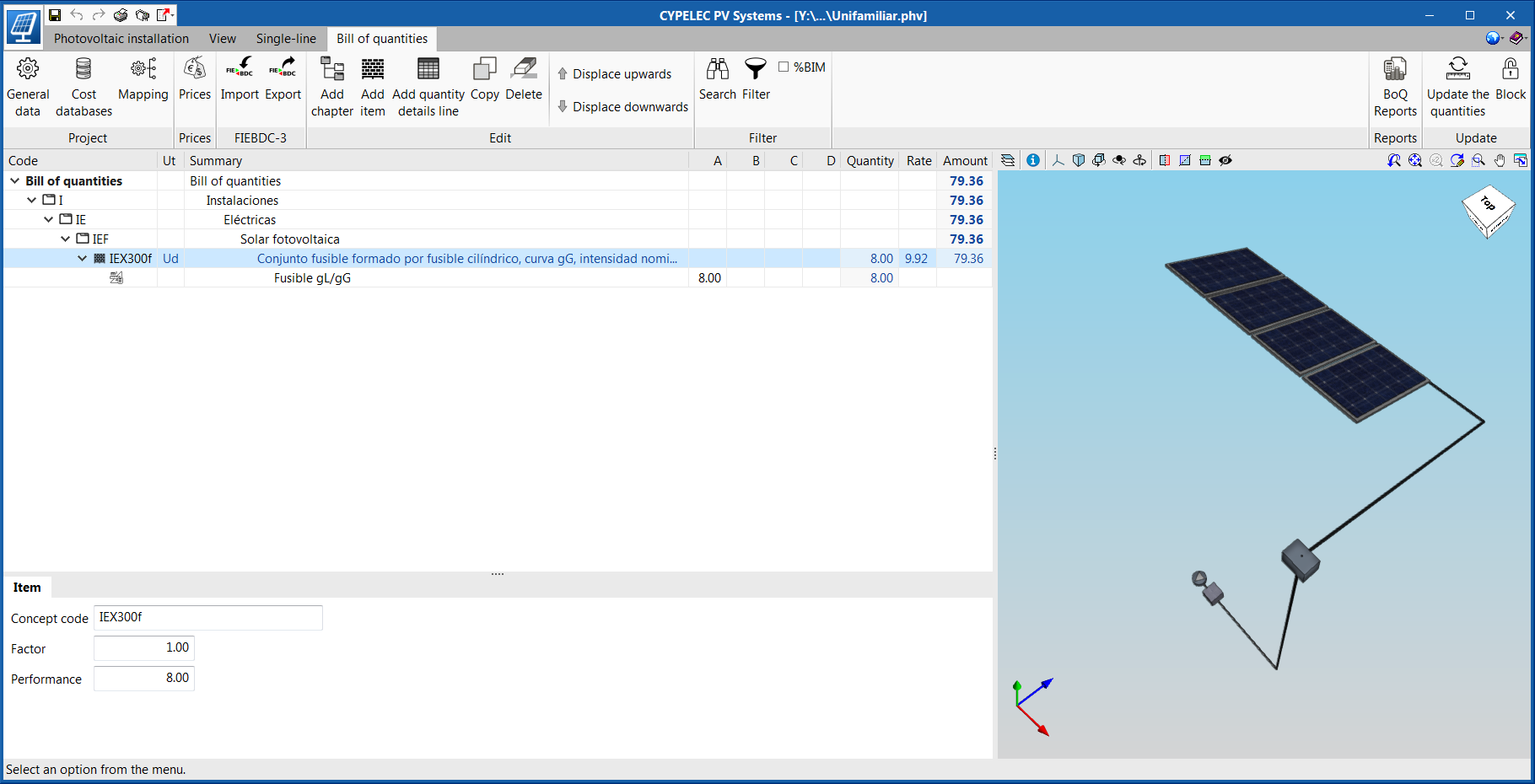 CYPELEC PV Systems. "Bill of quantities" tab