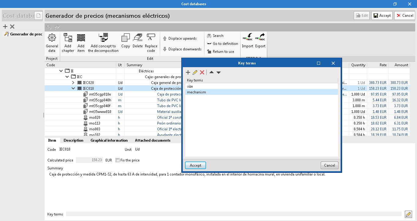 "Bill of quantities" tab. Thesaurus descriptors