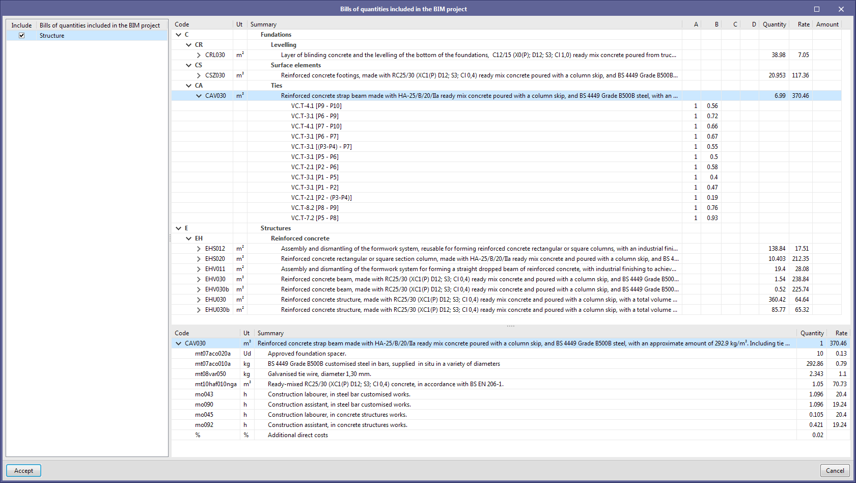 Reading of bills of quantities generated by project applications