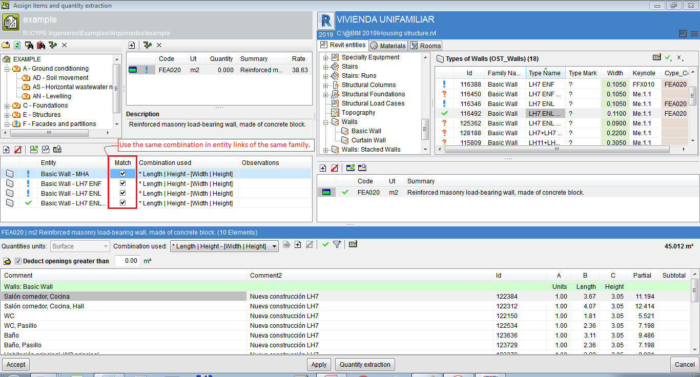 Arquimedes and Job control. Bill of quantities of Revit models. Use the same quantity extraction combination for entity links of the same family