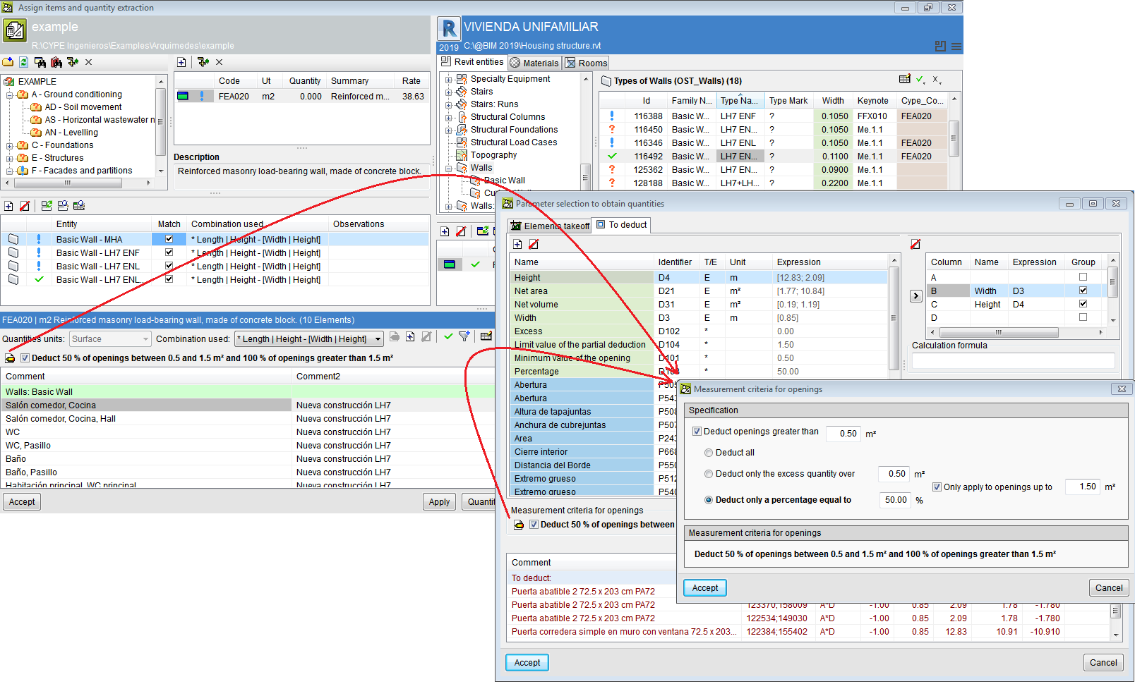 Arquimedes and Job control. Bill of quantities of Revit models. Sets of measurement rules for openings