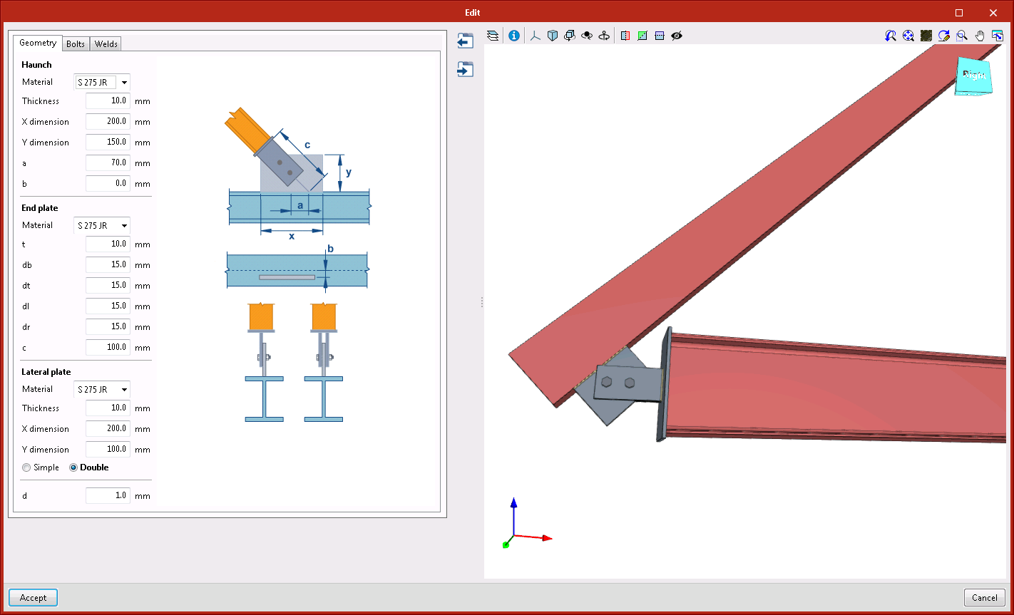 StruBIM Steel. New types of connections. Diagonal connected to the main section, with end plate