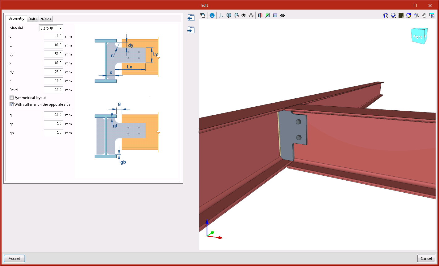 StruBIM Steel. New types of connections. Beam connected to the web stiffener of the main section