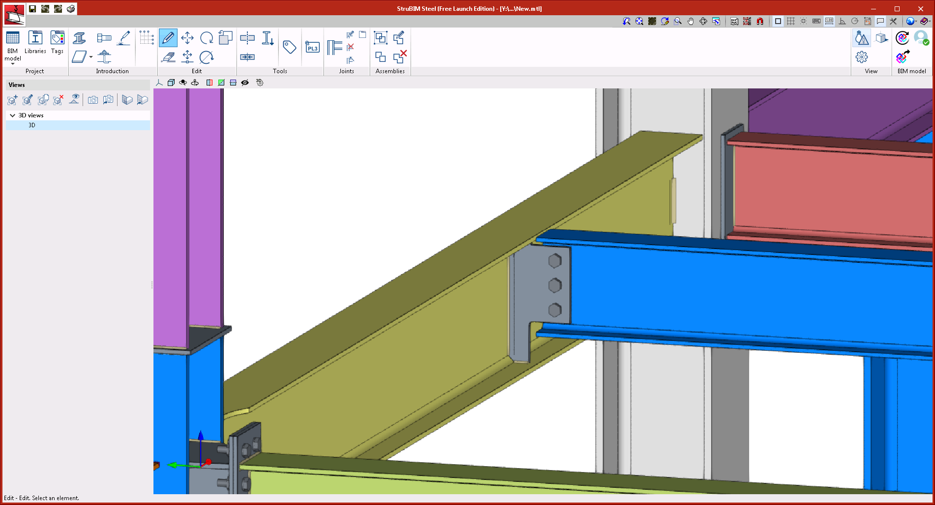 StruBIM Steel. New types of connections. Beam connected to the web stiffener of the main section