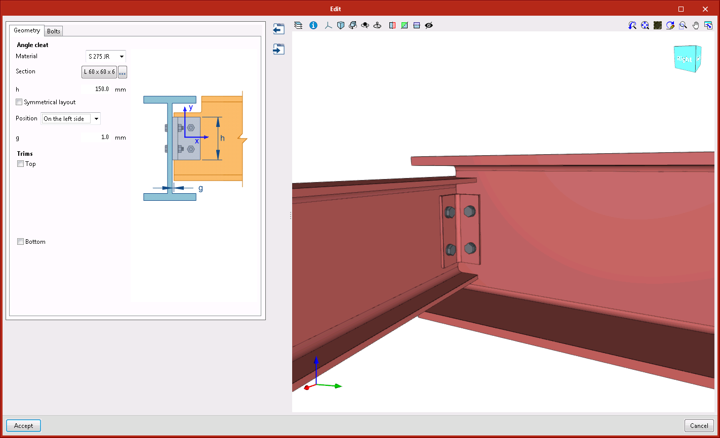 StruBIM Steel. New types of connections. Beam connected with angle flange cleats to the web of the main beam