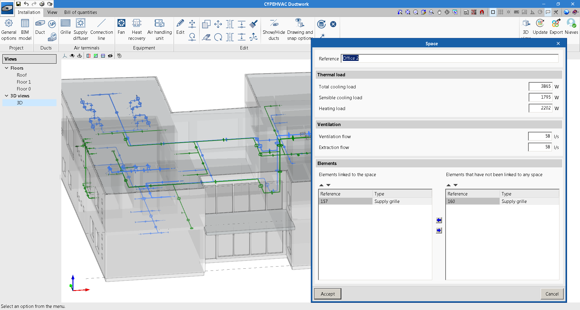 CYPEHVAC Ductwork. Incorporation of the thermal loads of spaces
