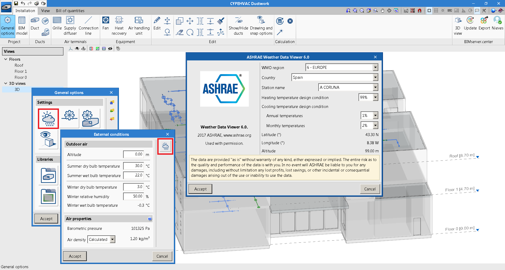 CYPEHVAC Ductwork. Incorporation of the ASHRAE weather database