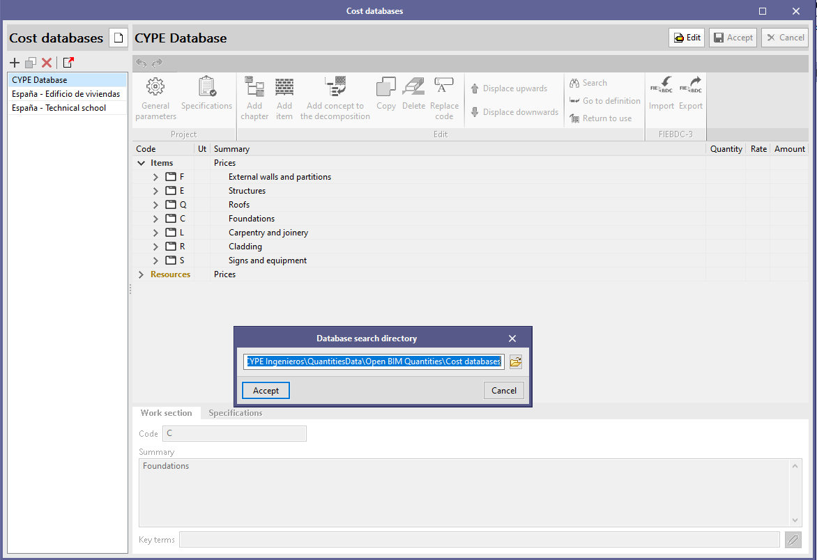 Open BIM Quantities and applications with the Bill of Quantities tab. Copy a cost database
