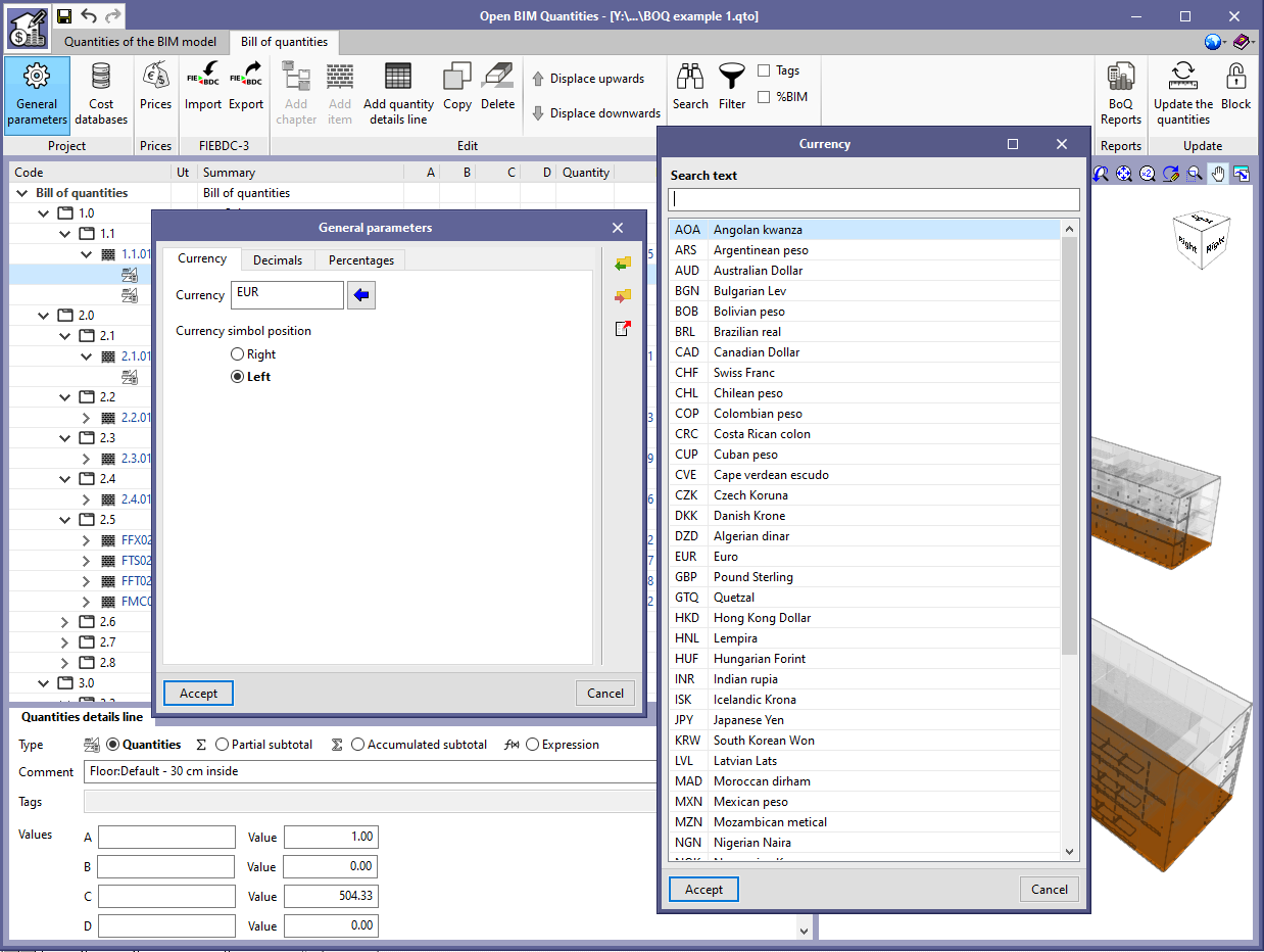 Applications with the Bill of Quantities tab. More currency codes available
