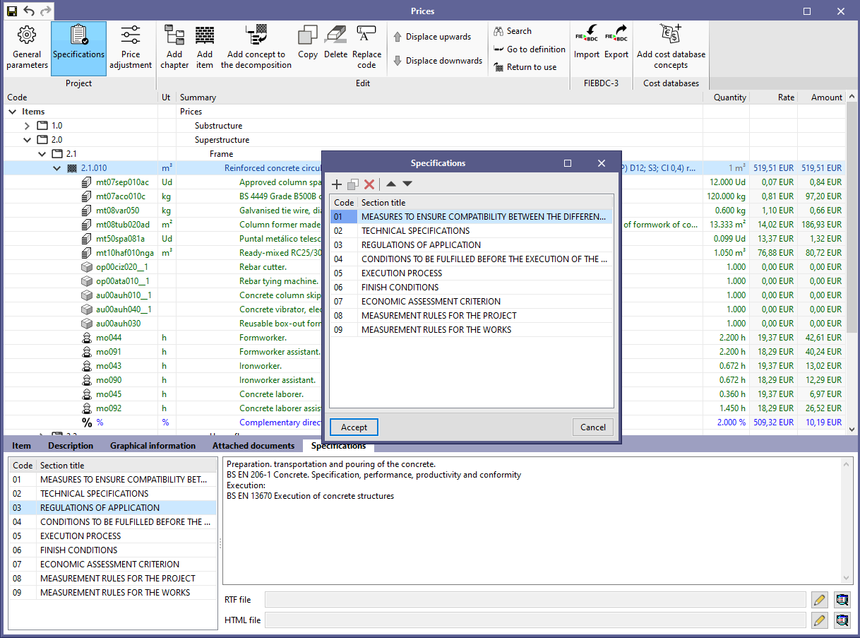 Applications with the Bill of Quantities tab. Specifications