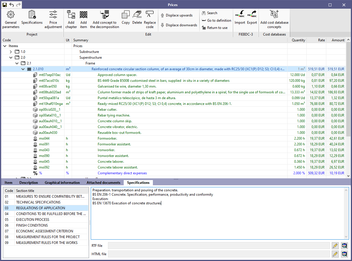 Applications with the Bill of Quantities tab. Specifications