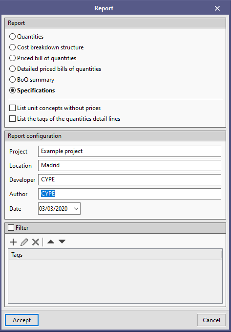 Applications with the Bill of Quantities tab. Specifications