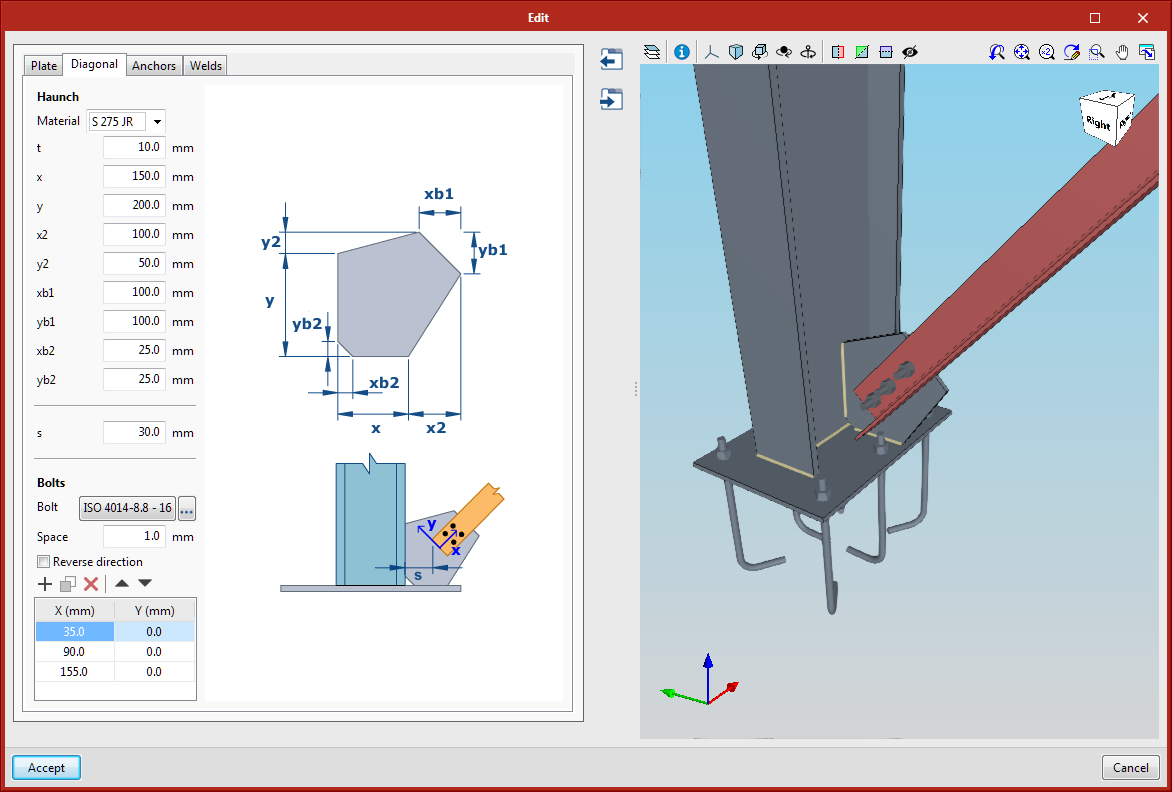 StruBIM Steel. Connections. Baseplate with bolted diagonal