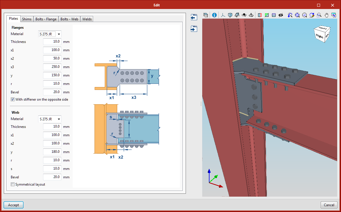 StruBIM Steel. Connections. Column-to-beam joint, at the column web with plates bolted to the web and flanges