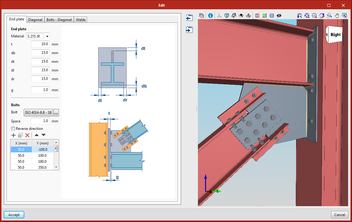 StruBIM Steel. Connection between column, beam and diagonal
