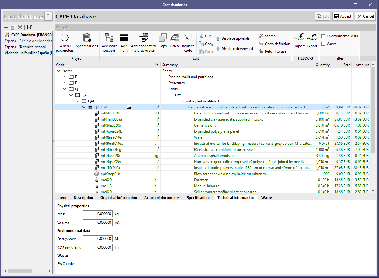 Applications with the Bill of Quantities tab