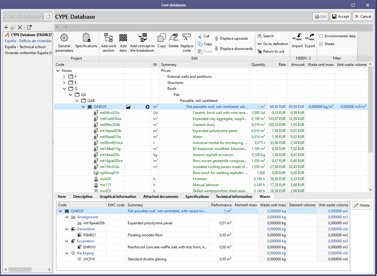 Applications with the Bill of Quantities tab