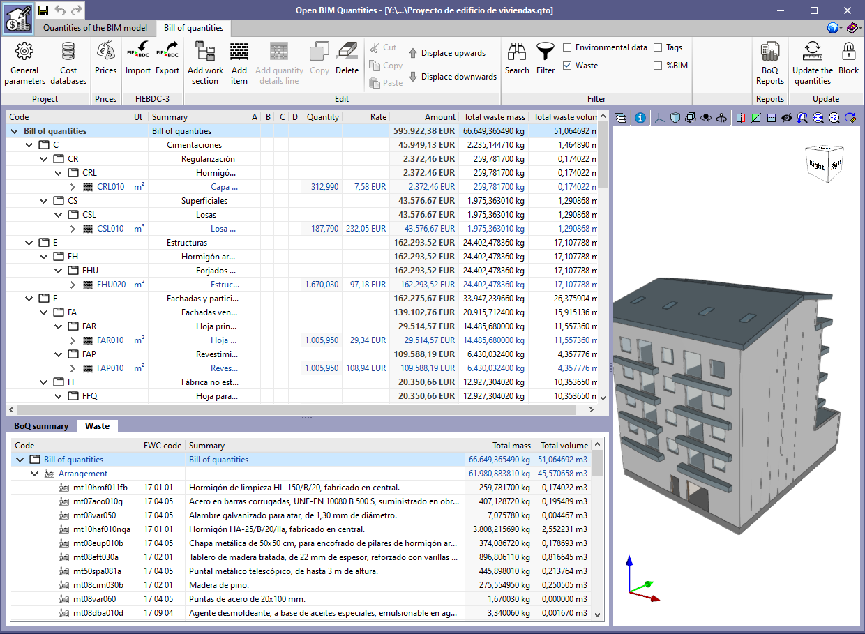 Applications with the Bill of Quantities tab