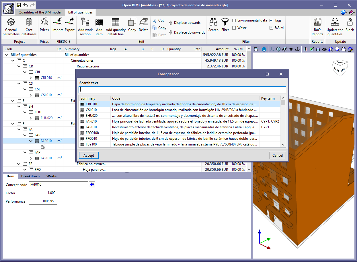 Applications with the Bill of Quantities tab