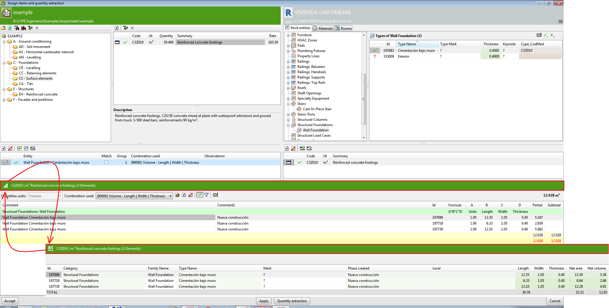 Arquimedes. View cases of links between a Revit element and an Arquimedes item